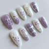 Almond Press on Nails Medium 3D Floral Fake Nails Purple&White