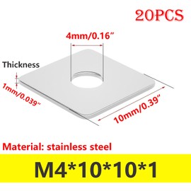 Ctyjia M4 Square Washer 20 PCS Flat Repair Washers, M4x10x10x1mm Stainless Steel Square Washers, Square Washer Plate with Round Holes