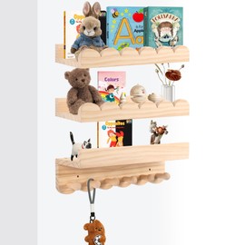Rainmae Nursery Book Shelves,3 Tier 40cm Floating Shelves Solid Wood Wall Mounted Hanging Organizer Kids Wall Scalloped Shelves Book Shelves for Bedroom Living Room Toddler Room