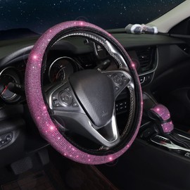 ToBeQueen Bling Pink Steering Wheel Cover Set Bling Car Accessories Set,Steering Wheel Cover Fit 15Inch, Sparkling Shoulder Pad, Rhinestone Gear Shift Cover and Cup Holder, 7 Pack, Pink