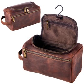 EURYNOME Leather Unisex Toiletry Bag Travel, Genuine Leather Shaving Dopp Kit - Leather Mens Toiletry Bag With Hook -Leather Makeup Cosmetic Organizer Kit - Men Travel Toiletries Bag Groomsmen Gift