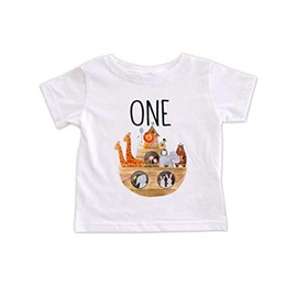Hello Handmade Noah's Ark One Zoo Animals First Birthday Baby Bodysuit Outfit Shirt (18 Months, White T-Shirt)