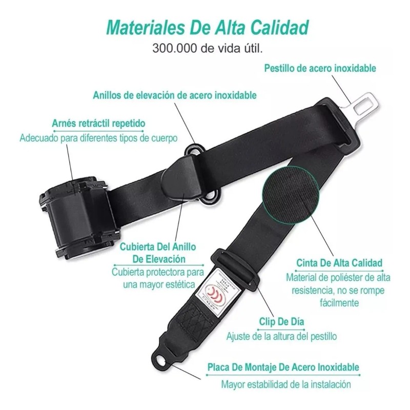 Cinturón De Seguridad De 3 Puntos Universal Retráctil 2pzs