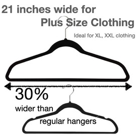 Urby Extra Wide Hangers for Plus Size Clothes, Ganchos para Colgar Ropa,21 Inch Super Plus Size Hangers Ideal for XL, XXL Shirts, Coats, Dresses, Etc. Velvet. Black. 24pk.