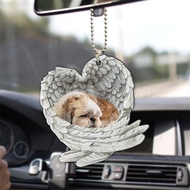 Talataca Shih Tzu Shitzu Sleeping Angel Wing Animal Pet Dog Farmhouse 2D Flat Car Rear View Mirror Accessories Christmas Tree Ornament Decoration Hanging Charm Interior Rearview Pendant Decor Gift