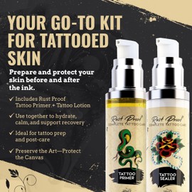 Rust Proof Complete Tattoo Care – Comprehensive Pre & Post Tattoo Skincare Set with Body Oil & Moisture Sealing Body Lotion – Lightweight Hydration & Moisture Barrier Protection – 2- Piece Bundle