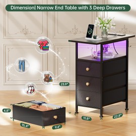 GipGiper End Table with Charging Station, Narrow Side Table with 3 Fabric Drawers and Shelf, Skinny Nightstand with LED Light, Slim Bedside Table for Bedroom, Living Room, Small Spaces, Black