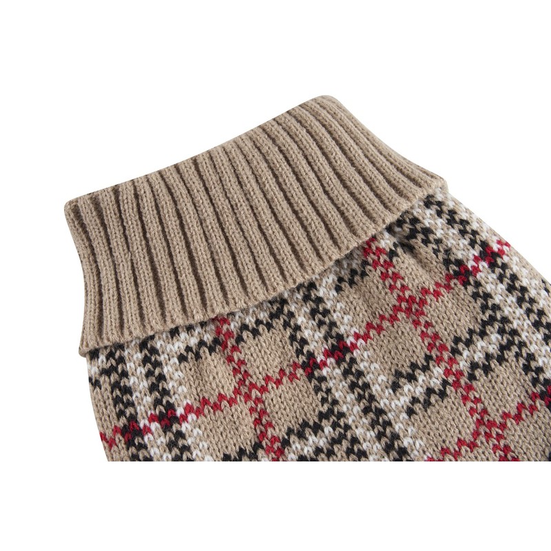 Beige Buffalo Plaid Knitted Holiday Festive Turtleneck Pet Sweater for
