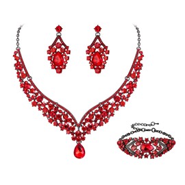 EVER FAITH Austrian Crystal Bridal Jewelry Sets, Elegant V-Shaped Costume Party Teardrop Statement Necklace Earrings Bracelet Set for Woman Red Black-Tone