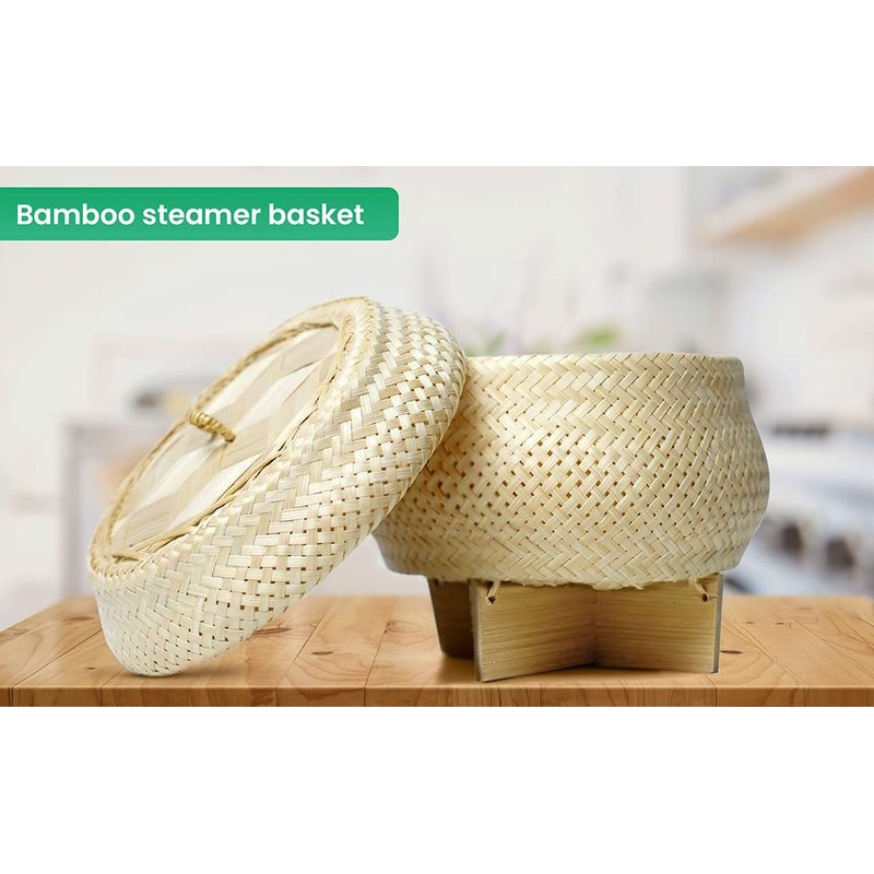 Bamboo Rice Steamer serving Basket kratip Container Handmade Kitchen Decor
