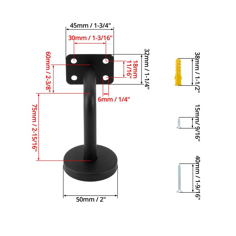 QWORK® Pack of 5 Stainless Steel Handrail Brackets Black 60