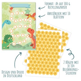 JEKA Children's Dinosaur Reward Board - Pack of 10 with Star Stickers for Motivation for Household Tasks, Homework, Potty Training, Brushing Teeth - Challenge Board for Children for Good Habits