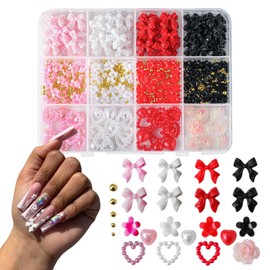 3D Nail Charms and Gems with Bows, Hearts, Rose, Flowers Pearls and More Than 500 Rhinestones for Nails Design, Cute Y2K 3D Nail Decorations