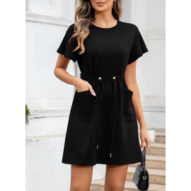 EVALESS Summer Dresses for Women 2025 Spring Fashion Beach Vacation Casual Ruffle Short Sleeve Solid Flowy A Line Swing Mini Dress with Pockets,Black XX-Large