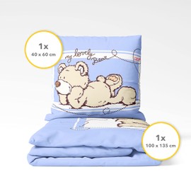 Träumschön Premium Children's Bed Linen 100 x 135 + 40 x 60 cm - Teddy Bear Design Baby Blue - Summer Cotton Bed Linen - Soft, Breathable and Skin-Friendly - Non-Iron