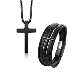 PiercingJak Cross Bracelet Cross Necklace for Men, Stainless Steel Cross Chain + Braided Leather Bracelet for Men, Religious Prayer Charms, Jewellery Gift for Men, Black, Stainless Steel