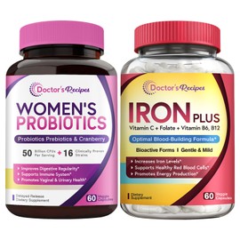 Doctor's Recipes Doctor's Recipes Women's Probiotic & Iron Plus Bundle, Feminine Health & Blood Support, Probiotic Capsules 60ct & Iron Capsules 60 ct