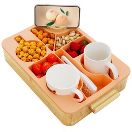 Nnewvante Snack Cup Couch Caddy, 9 in 1 Divided Serving Tray with Handle for Sofa Bed RV Car Organizer Caddy Movie Night Snack Trays, Bamboo and BPA Free Silicone, Peach