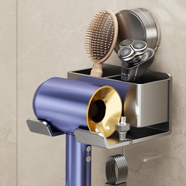 PRATIQUE Hair Dryer Holder, Bathroom Space-Saving Blow Dryer Organizer,Sucker Type Self Adhesive Magnesium Aluminum Alloy Holder Compatible for Dyson Hair Dryer Wall Mount(Grey)