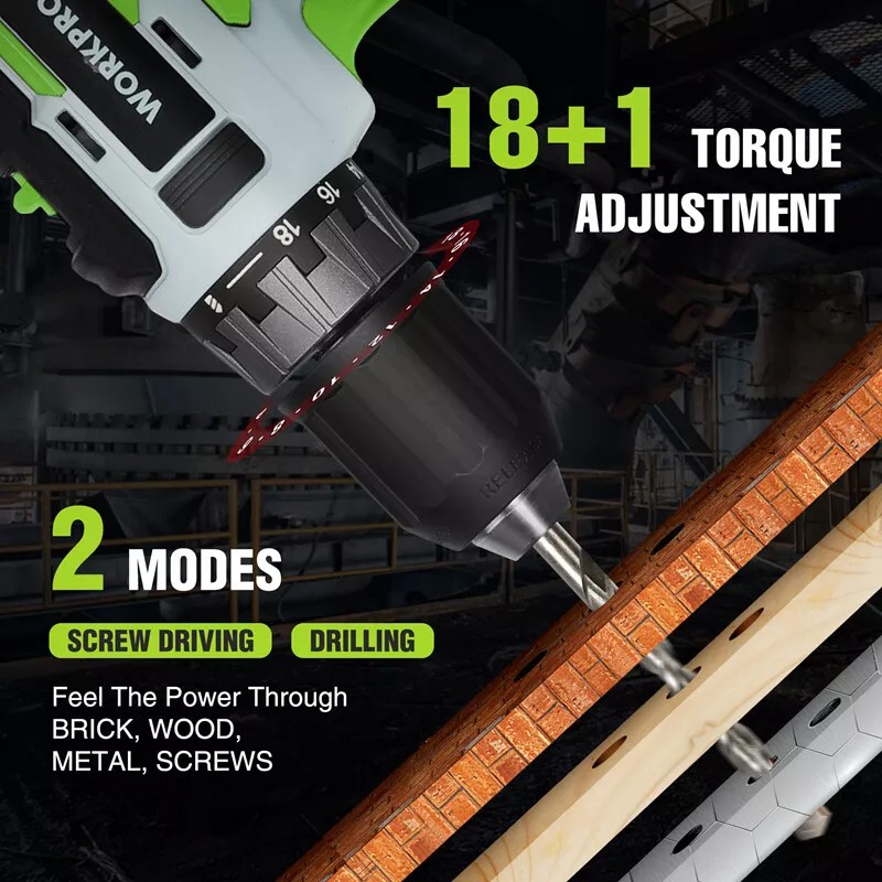 WORKPRO 20V Cordless Drill Driver Kits 3/8'' Keyless Chuck 2.0Ah