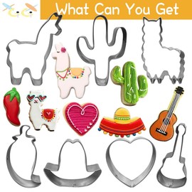 XGiGiX Mexican Fiesta Pinata Cookie Cutter Set- 7 Pcs Large Stainless Steel Cookie Cutters Mold for Making Llama, Alpaca, Cactus, Sombrero, Chili, Guitar, Heart.