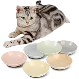 Ceramic Cat Food Bowl Set - 5.75 inch Colorful Cute Cat Dishes with Non Slip Pads - Wide Shallow Whisker Friendly - Microwave and Dishwasher Safe - 6 Pack - 8.5 oz