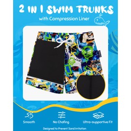 EZ Moms Boys Swim Trunks with Compression Liner Stretch Kids Swim Shorts Quick Dry Anti-Chafe Youth Swimming Trunks for Boys Board Shorts Size 10-12 Bathing Suit with Boxer Brief Liner Boy Swimwear