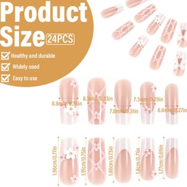 EYVRPAU Pack of 24 False Nails, Square, Glitter, Shiny, 3D Flower, Rhinestone, False Nail Tips (Medium Length) (Pink)