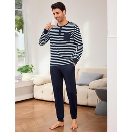 Leversic Mens Pyjamas Set Cotton Winter Pajamas for Men Long Sleeve Henley Shirts Pajama Tops With Full Length Sleep Bottom Men Sleepwear Set S-3XL(Navy Blue,M)