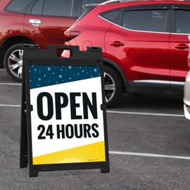 Open 24 Hours Sidewalk Sign Kit, 18x24 Inches, with A Frame Stand, Made in USA