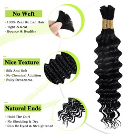 Human Braiding Hair For Boho Braids 75g 14 Inch Deep Water Wave Bulk Human Hair for Braiding No Weft 12A Boho Curly Human Hair For Braiding 10 Bundles/Pack Natural Color