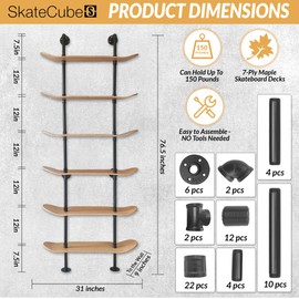 Industrial Shelves - 6 Tier Industrial Decor Pipe Bookcase Using 7 Ply Skateboard Decks - Natural Wood Stain Finish - Bathroom Wall Decor, Living Room Furniture, Book Shelf for Skateboard Enthusiasts