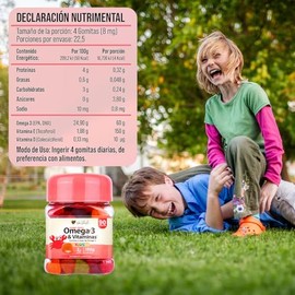 Omega 3 Para Niños 90 Gomitas - Suplemento Con Vitaminas C D E - Aporte de Acidos Grasos EPA y DHA - Con Inulina De Agave Sabor Frutal - Apoyo Nutricional - Sabor Frutal Naranja Fresa Uva y Manzana