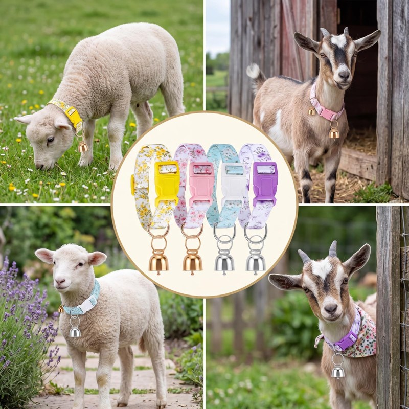 Yeyeplum 4 Pack Goat Collars with Bells Set, Adjustable Floral