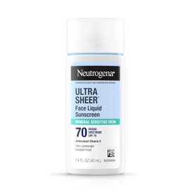 Neutrogena Ultra Sheer Liquid Mineral Sunscreen For Face, Lightweight, Broad Spectrum SPF 70 Facial Sunscreen for Sensitive Skin Leaves a Silky, Non-Greasy Finish, Oxybenzone-Free Sun Care, 1.4 fl. oz