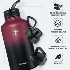 Fanhaw 64 oz Stainless Steel Insulated Water Bottle with 3 Lids (Straw, Spout and Carabiner Lid) - Half Gallon Sports Water Flask Jug (Red Black)