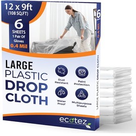 Ecotez Ecotez 6 Pack 12 x 9 ft Extra Large Painter's Drop Cloth - Light & Durable Dust Cover - Clear Plastic Sheet - Paint Drop Cloth - Plastic Floor Protector