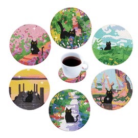 ASslanLYs 6 PCS Funny Cut Black Cat Diamond Painting Art Coaster Set Diamond Art Coasters Small Diamond Painting Coasters Kit for Beginners Adults and Art Craft Supplies Gift (Landscape Lovely Cat)
