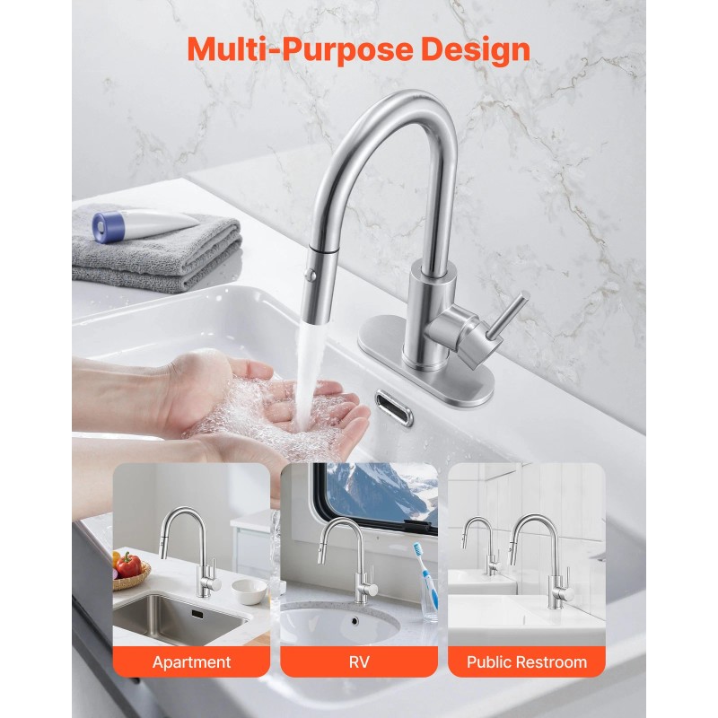 VEVOR Single Handle Sink Faucet Brushed Nickel Pull-Down Kitchen Sink