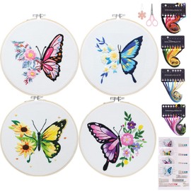 Genround Embroidery Set Adults, 4 Set, Embroidery Kit, Cross Stitch Set, Embroidery Set for Pendants, Includes Embroidery Hoop, Butterfly Pattern Hoop, Colour Threads, Easy to Follow Instructions