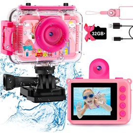 GKTZ Kids Camera - Underwater Camera Birthday Gifts for Girls Boys Children Digital Waterproof Camera with 32GB SD Card, Pool Toys for Kids Age 3-12 (Pink)