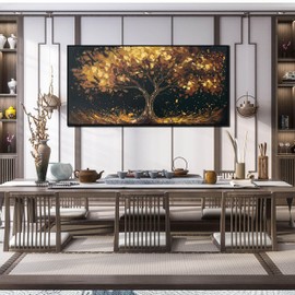 HUBOSKN Tree Painting Wall Art for Office - Hand Painted Gold and Black Canvas Wall Art for Living Room - Black Framed Wall Art for Bedroom Size 29" x 59"