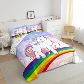 Feelyou Unicorn Bedding Twin for Girls Cute Rainbow Unicorn Comforter Set Kids Constellation Toddler Comforter Cartoon Reversible Stars Quilt Set with 1 Pillowcase 2Pcs Bedding