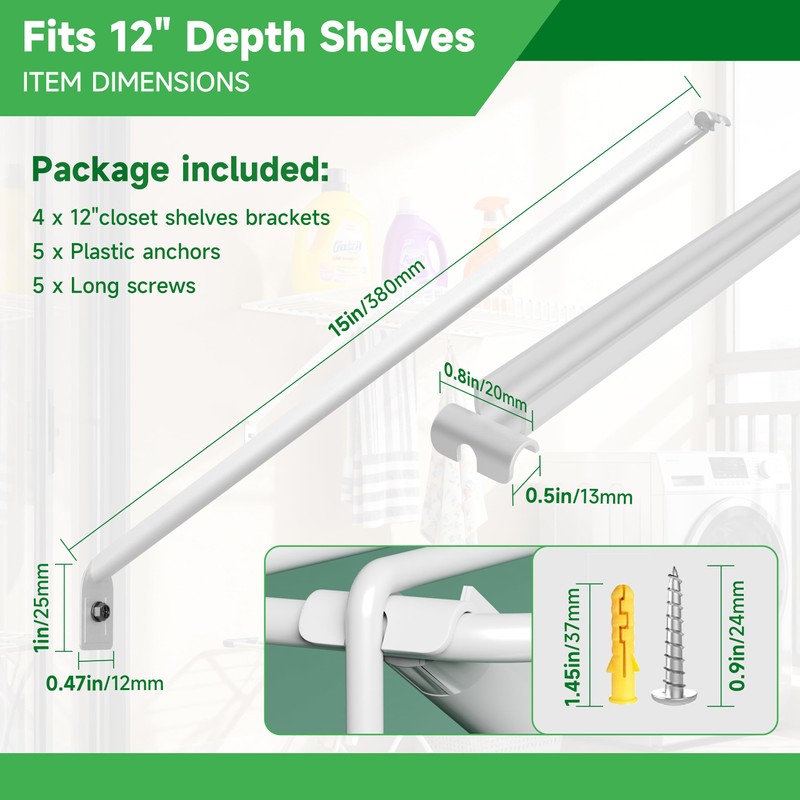 12 Inch Wire Shelving Support Bracket, 6 Pack Metal Closet