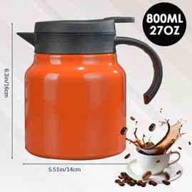 27 oz Single Stainless Steel Thermal Coffee Carafe, Double Wall Vacuum Insulated Creamer Container, Beverage Dispenser for Milk and Hot Chocolate, Tea Pot. (Orange)