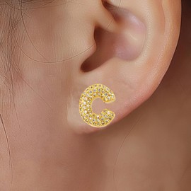Gold Bubble Initial Letter Stud Earrings for Women Cubic Zirconia Minimalist Alphabet Number Earrings Initial Gifts Jewelry for Women (C letter stud earring)