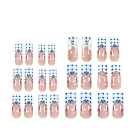 BABALAL Press on Nails Long Square Fake Nails French Tip Acrylic Nails with Design Nude Glue on Nails Flower False Nails with Heart Charm 3d Texture Gold Bow Nails for Women Girls Squoval Gel Nails