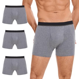 PurityLock Men's Washable Incontinence Boxer Briefs, Cotton Urinary Incontinence Underwear with Fly, Reusable Leak Proof Underwear for Men, Front & Rear Protection 150 ml Absorbency (3 Pack, L, Gray)