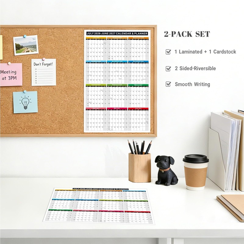 2026-2027 Academic Calendar 2-Pack (11x17"), Laminated + Cardstock, Reversible Vertical/Horizontal,