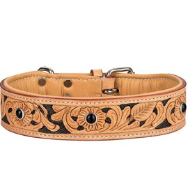 Michur Jose Leather Dog Collar, Beige Leather with Dyed Areas in Black and Black Stones